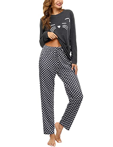 Uniexcosm Pyjama Coton Femme Long Ensemble Hiver Chat Col Ronde Manches Longues Vêtement Nuit avec Poches Latérales Chat-Gris Foncé M