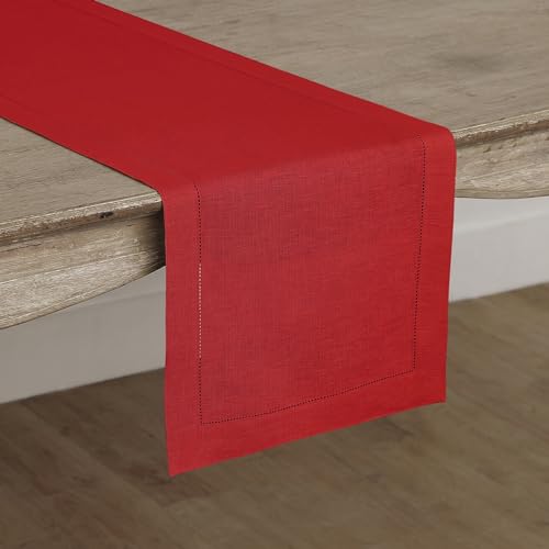 image for Solino Home Linen Red Table Runner 48 Inches - Classic Hemstitch, 100%