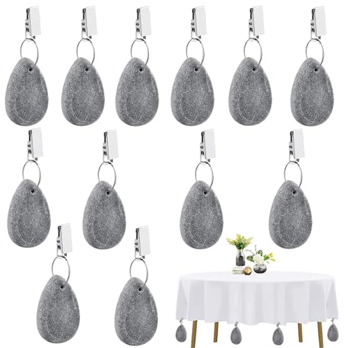 12 Stück Tischdeckenbeschwerer aus Naturstein,Tischdeckenbeschwerer Set mit Clip,Tischdeckenbeschwerer für Draußen,Grau Stein Tischdecke Gewichte für Tischdecken Klammern für Picknicks Hochzeiten