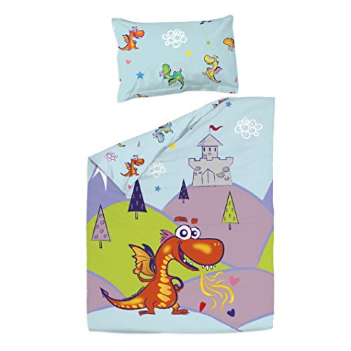 Dragones - Juego de Funda Nórdica Maxicuna, 2 piezas, 100% Algodón (funda de edredón 120x150 cm y 1 funda de almohada 40x60 cm), Diseño Animales, Multicolor