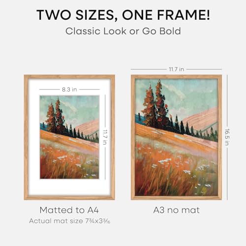 Image of Homeforia A3 Natural Oak Picture Frame, High-End Wood, A4 Mat, Glass | High End Solid Oak Wood, Tempered Glass, Acid-Free A4 Removable Mat, A3 Edge-to-Edge Display, Wall Kit, Set Of 3