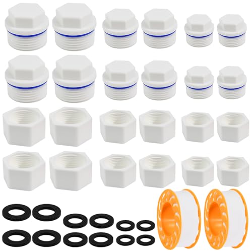 Zithgen 24 PCS Tapón de Tubería de Agua, Tapones de Plastico Reutilizable Tapones Roscado Macho Rosca Exterior/Rosca Interior Tapón de Tubería 3/4 1 1/2 Pulgada con 2 Cintas para Extremos de Tubos