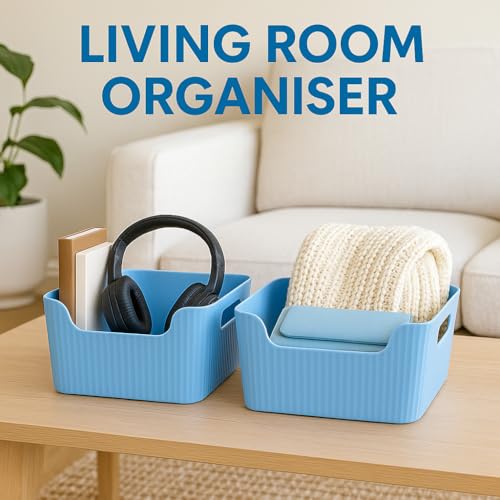 Image of Plastic Storage Box with Lid - Large Stackable Organizer Storage Box for Clothes, Toys, Kitchen - Big Size Plastic Storage Container Basket for Home, Office, Bathroom(Smal,Pack of 6,Blue)