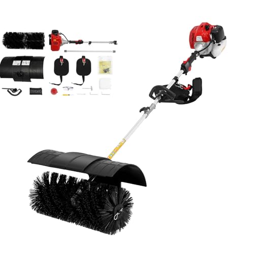 52CC 2 Stroke 2.3HP Gas Power Walk Behind Sweeper 1700W Handheld Sweeper Broom with Protective Guard Portable Artificial Lawn Sweeper Cleaner Tools for Grooming Lawns On Farms Streets Parks