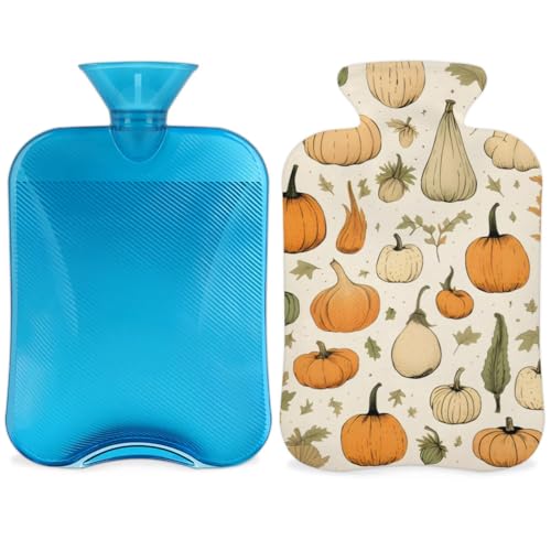 Hot Water Bottle with Soft Cover,2L Watercolor Pumpkin Hot Water Bag for Hot and Cold Compress, Hand Feet Warmer, Cute Pumpkin Rubber Hot or Cold Water Bottle Halloween Christmas Decorations