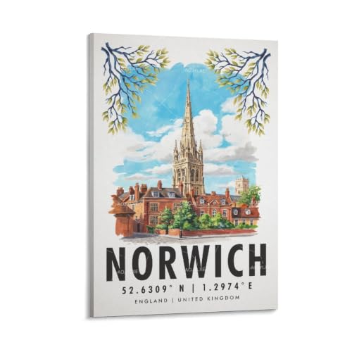 Poster Norwich aquarelle souvenir de voyage et paysage romantique