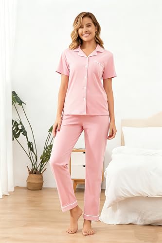Image of 100% Cotton Pajama Sets for Women 2 Piece Long Sleeve Button Down Pjs Soft Comfy Ladies Sleepwear Lounge Sets S-XL