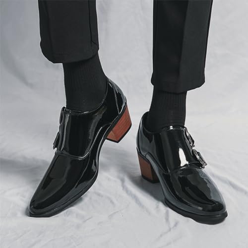 Men's Double Monk Strap Patent Leather Chelsea Boots Fashion Pointed Toe Slip On Low Chunky Heel Western Cowboy Ankle Boots Dress Oxford Shoes for Wedding Party Ballroom Prom3