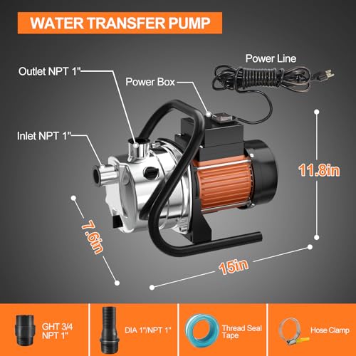 Shangda 1.6 Hp Portable Water Transfer Pump 1600 Gph Shallow Well Pump Garden Booster Sprinkler Pumps For Irrigation Lawn Farm Water Removal With Adapters thumb #5