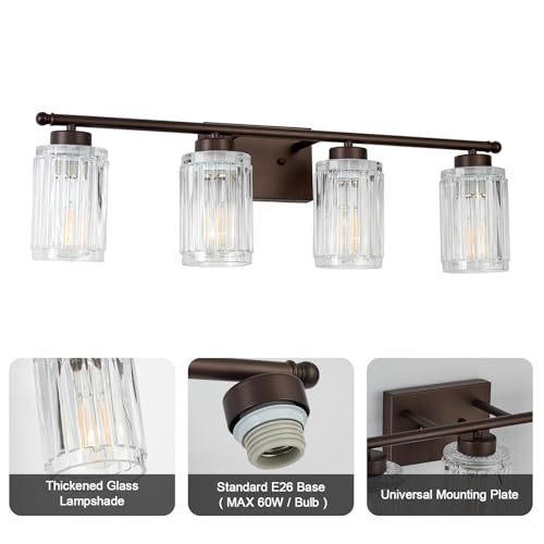 Image of 4 Light Bathroom Light Fixtures Modern ORB 28 Inch Vanity Lights for Bathroom Lighting Fixtures Over Mirror with Thickened Glass Shade for Cabinet Mirror Bedroom Hallway