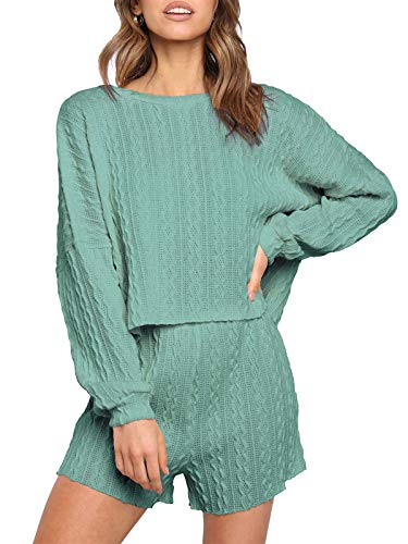 Faroro Women'S 2 Piece Knit Outfits Casual Long Sleeve Tops And Shorts Pajama Set Pullover Loungewear Sets Green cover