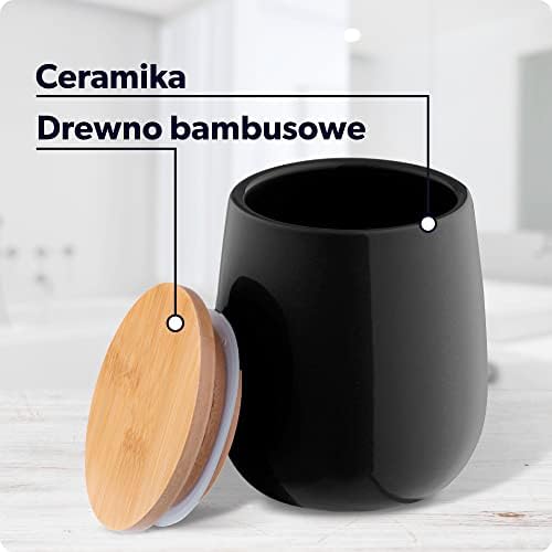 KADAX Pojemnik na płatki kosmetyczne, pojemnik do przechowywania z ceramiki, kubek łazienkowy z bambusową pokrywką, owalny organizer łazienkowy (kolor czarny)