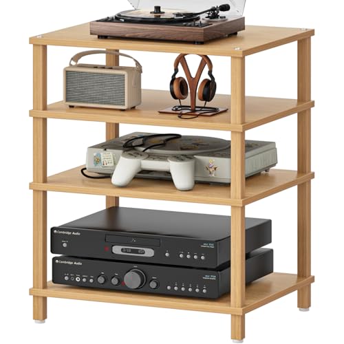 LELELINKY 4-Tier AV Media Player Stand, Natural Stereo Cabinet, Modern Audio Shelf, Wooden TV Stand,Game Console Shelf, Multifunctional Entertainment Center, Suitable for Home, Conference Room