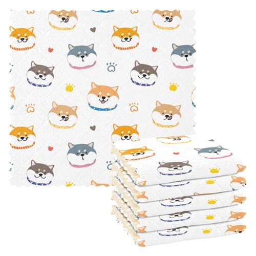 Akiraki キッチンクロス 柴犬 犬爪 ハート 犬柄 白 ホワイト ふきん 雑巾 吸水 速乾 汚れ落とし キッチン 台拭き 6枚セット 食器ふきん おしゃれ ぞうきん 家庭用 洗車 28X28cm