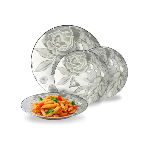 Avilia – Set Piatti Moderni 18 Pezzi in Porcellana con Decoro Floreale Bouquet Grigio, Servizio Elegante per 6 Persone