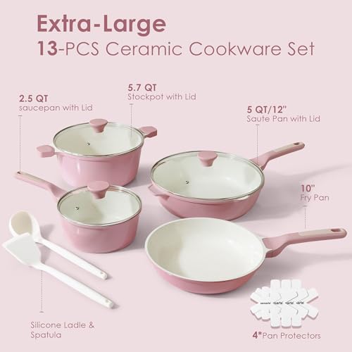 Image of SENSARTE Nonstick Ceramic Cookware Set Large 13-Piece, Healthy Pots and Pans Set Dishwasher Safe, Non-toxic Kitchen Cooking Set with Stay-Cool Handles, Induction Compatible, PFAS Free, Pink