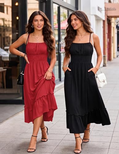 Image of GRACE KARIN Women's Summer Maxi Dress 2026,Smocked Ruched Bust Sundress with Adjustable Straps & Pockets-Beach Vacation Dress