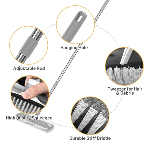 Image of 3 in 1 Floor Scrub Brush with Long Handle & Squeegee | Heavy-Duty, Adjustable, 360 Rotating Head for Cleaning Tile Bathroom Deck Kitchen Patio, Gray