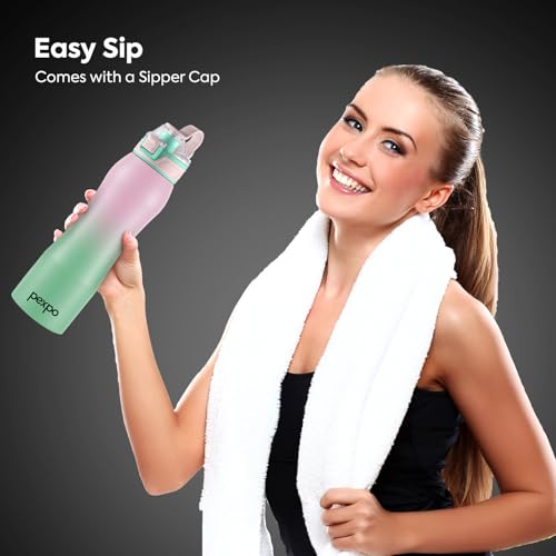 Image of Go24 pexpo Bliss ISI Certified Stainless Steel Fridge /Sports Water Bottle 1 Litre | Flip Top Cap | Single Wall | Leakproof | For Home, Office, Gym, School, Yoga,Hike,Men,Women&Kids - Pink&Green Ombre