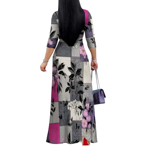 Image of Plus Size Dresses for Women Print Maxi Dresses 3 /4 Sleeve with Belt