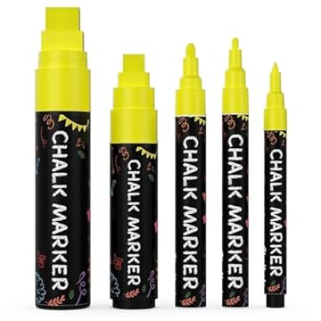 5 Yellow Chalkboard Chalk Pens - Yellow Dry Erase Markers for Blackboard, Chalkboard Signs, Windows, Glass | Variety Pack - Fine & Jumbo Size Ink Pen (1mm, 3mm, 6mm, 10mm, 15mm)