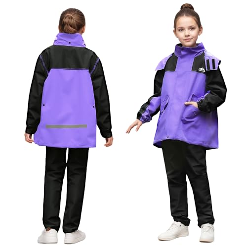 Baogaier Mädchen Regenjacke und Regenhose Set, Kinder Leicht Ungefüttert Regenanzug, Wasserdicht Matschanzug Regenmantel & Matschhose Anzug mit Tragetasche Regenbekleidung, 13-14 Jahre, Lila