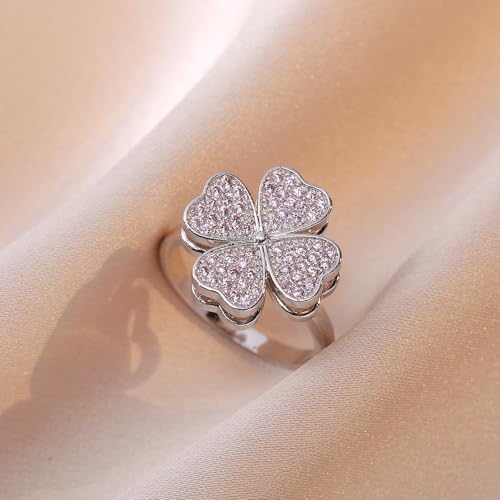 Pink Cz Four Leaf Clover Wedding Rings for Women Unique Rotating Spinner Shamrock Adjustable Stress Relief Fidget Ring Wedding Band Finger Sterling Silver Plated St Patricks Day Birthday Jewelry Gifts4