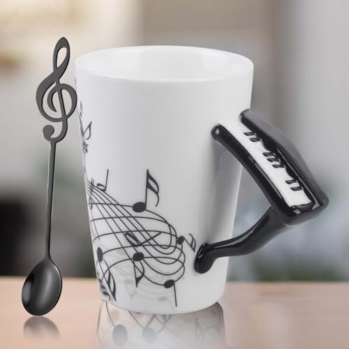 Tazza da caffè in porcellana, 250 ml, motivo: musica con cucchiaio in acciaio inox, tazza da caffè con manico per pianoforte, tazza da musicista, tazza regalo, tazza da caffè in ceramica, per ufficio