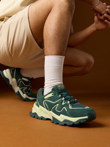 Image of The Souled Store Fumes NX: Sage Men and Boys Low Top Sneakers Green and Off White Streetwear Chunky Trainer Breathable Mesh Cushioned Midsole Durable Sole Lace Up Lightweight Padded Collar