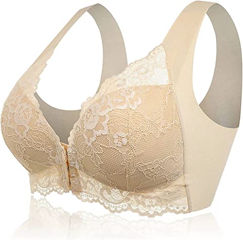Manxing Women's Front Fastening Bras Lace Stretch Bralette Push Up Racerback Seamless Everyday Bra Beige