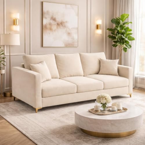Image of Hayes Rich Velvet Suede 3 Seater Sofa | Golden Aesthetic Legs | Spacious Soft Touch Comfort Seating | Modern Sofa for Living Room-Cream Color