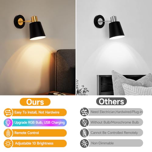 Image of 2 Pack Black Rechargeable Battery Operated Wall Sconces, Vintage Wireless Battery Powered Wall Lights with Remote, 15 RGB Dimmable, Cordless Wall Decor Lamp Indoor for Bedroom Living Room Hallway