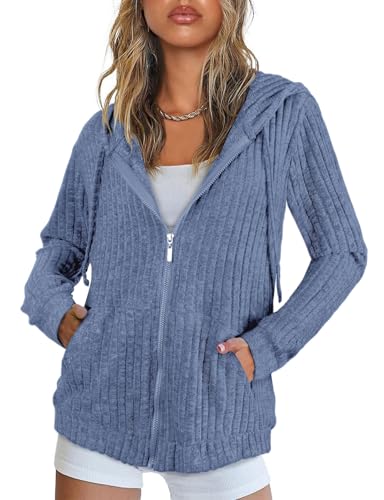 Flikity Hoodies für Damen Sweatjacke mit Kapuze Sweatshirt Jacke Damen Zip Hoodie Dünne Sommerjacke Herbst Kleidung Blau XXL