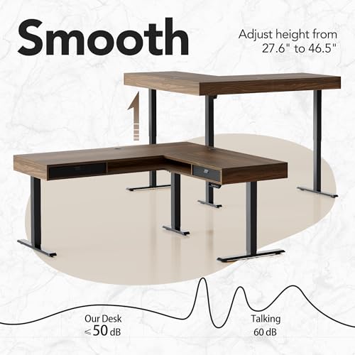 Image of HUANUO Electric L Shaped Standing Desk, 63″x55″ Height Adjustable Corner Computer Desk with 2 Under Desk Drawers & Open Storage Sapce, Sit Stand Up Table with Power Strip Tray & Cable Grommets, Walnut