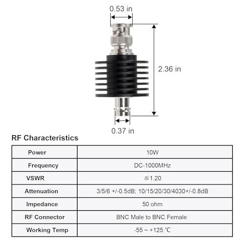 XRDS -RF Atenuador RF coaxial BNC macho para BNC fêmea 10W 10dB, atenuador de 50 ohm, conector BNC m