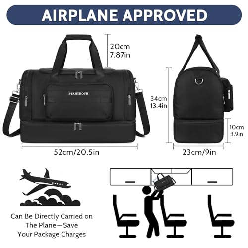 Large 42L Carry On Duffle Bag for Travel & Gym - TSA Approved Airplane Personal Item with Shoe Compartment & Wet Pocket, Water-Resistant Weekender Overnight Bag for Men Women (Black)3