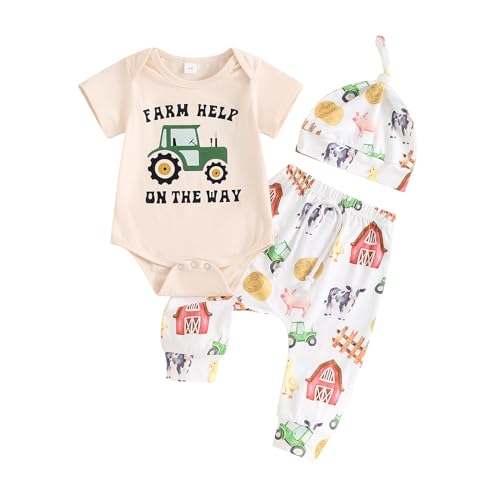Image of YINGISFITM Baby Boy Farm Clothes Truck Letter Romper Onesie Farm Animals Pants Sets Newborn Coming Home Outfit