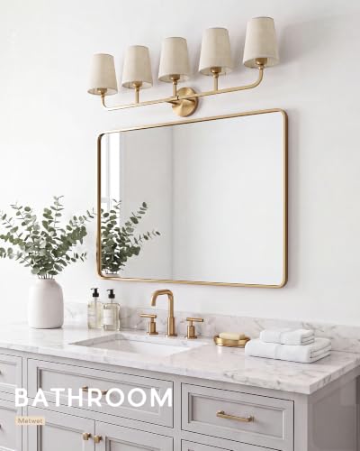 Image of 5-Light Brushed Gold Bathroom Vanity Light, Brown Linen Fabric Shade | 35 Inch gold bathroom light fixture over mirror, UL listed, E26 bulbs, hardwired, upward only, VL837-BG-L-5