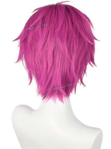 Image of Short Rose Red Anime Cosplay Wig for Men Pink Red Male Wigs with Bangs | Dark Pink Spiky Layered Synthetic Hair Wigs for Unisex Women Halloween Party Costumes