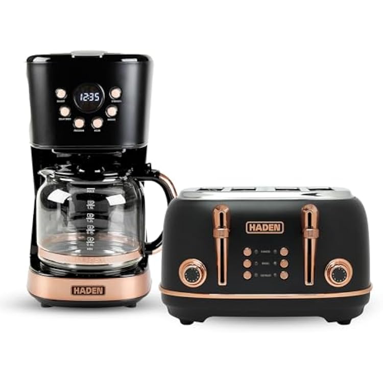 Haden Heritage 4 Slice Wide Slot Stainless Steel Toaster Bundled with 12 Cup Programmable Drip Coffee Maker Coffee Machine, Black & Copper