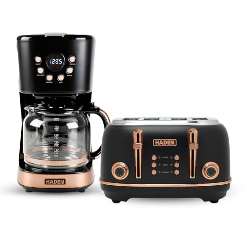 Haden Heritage 4 Slice Wide Slot Stainless Steel Toaster Bundled with 12 Cup Programmable Drip Coffee Maker Coffee Machine, Black & Copper