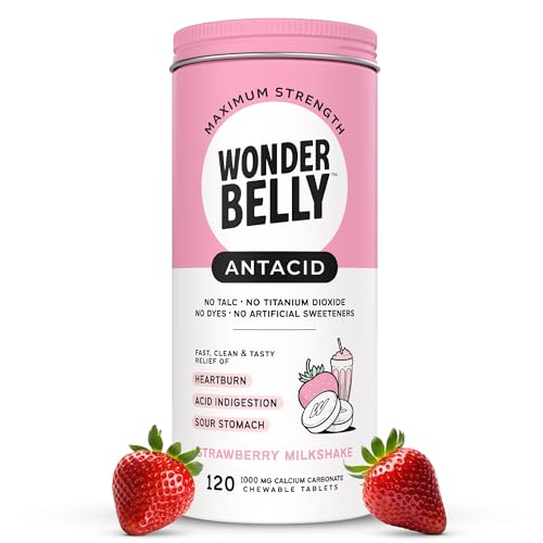 Wonderbelly Antacid, Effective Heartburn and Instant Acid Indigestion Relief, Extra Strength Chewable Tablets, 1000 mg Calcium Carbonate, No Talc or Dye, Strawberry Milkshake, 120 Count