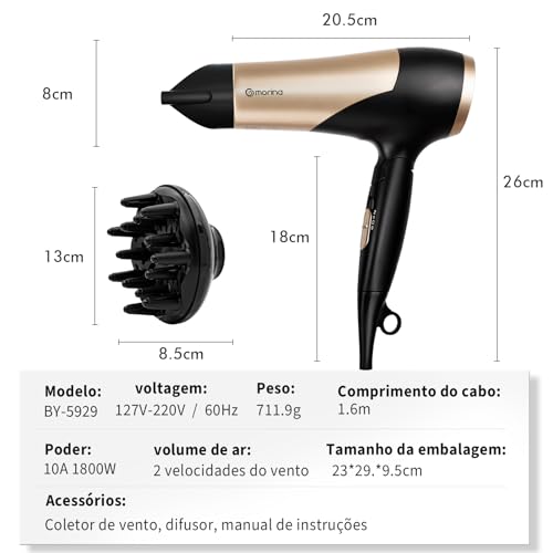 Secador de Cabelo, Equipado com Concentrador de Ar e Difusor, Voltagem Ajustável, 127/220V, 1200/180