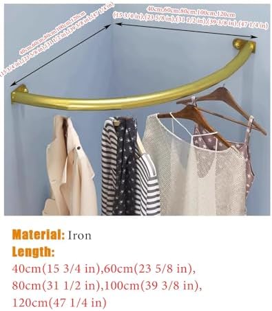 Curved Closet Rod Brackets - Wall-Mounted Clothing Drying Rack for Small Spaces, Corner Hanging Clothes Rod, Black Wardrobe Pole (40x40cm / 11.75")