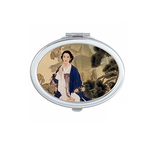 Miroir de maquillage compact ovale bleu et blanc de poche portable pour femme