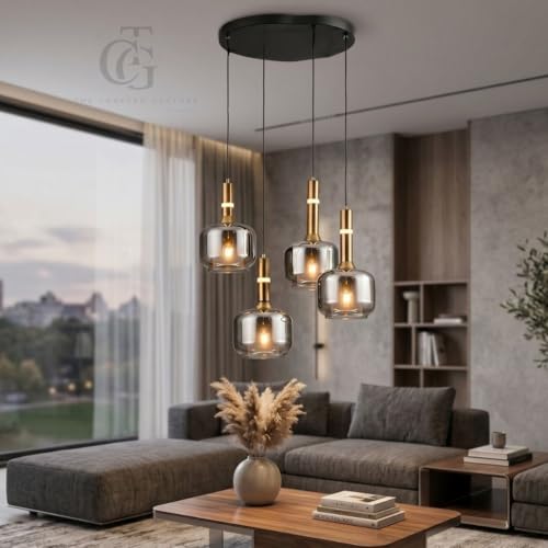 Image of Set of 4-Heads Box-Shaped Glass Hanging Pendant Light|Modern Cube Cluster Ceiling Lamp with Metal Base|Smoke-Glass for Living Room, Dining & Cafe