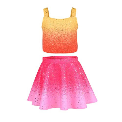 Image of Girls Sparkly 2 Pieces Outfit Kids Crop Top and Skirt Set Music Party Costume Birthday Gift