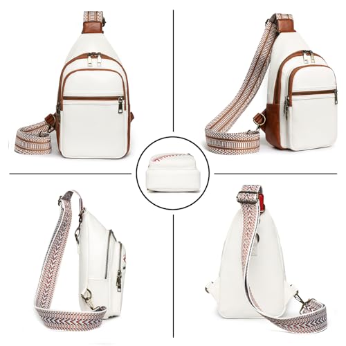 Image of FAYBA Small Sling Bag for Women Crossbody Fanny Pack, PU Leather Wide Guitar Strap Chest Sling Backpack Purse White