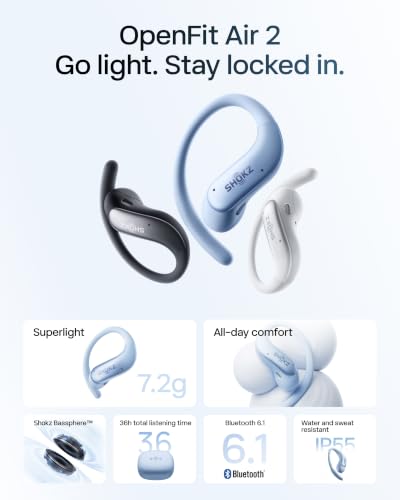Image of SHOKZ OpenFit Air 2, Open Earbuds, Black, Water Resistant, Secure Earhooks