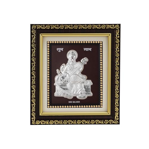 Image of 999 Pure Silver Sarswatimaa Frame for Home & Office | Premium Silver | Pooja Room & Wall Decor | Housewarming, Wedding & Festival Gifts | Certificate Included | Tabletop Size 5.5x5 inch